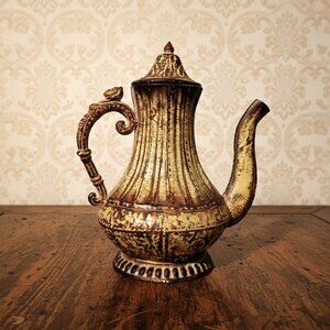 Vtg Antique Style Metal Decorative Teapot Pot Crackle Glaze Distressed Y2K Decor